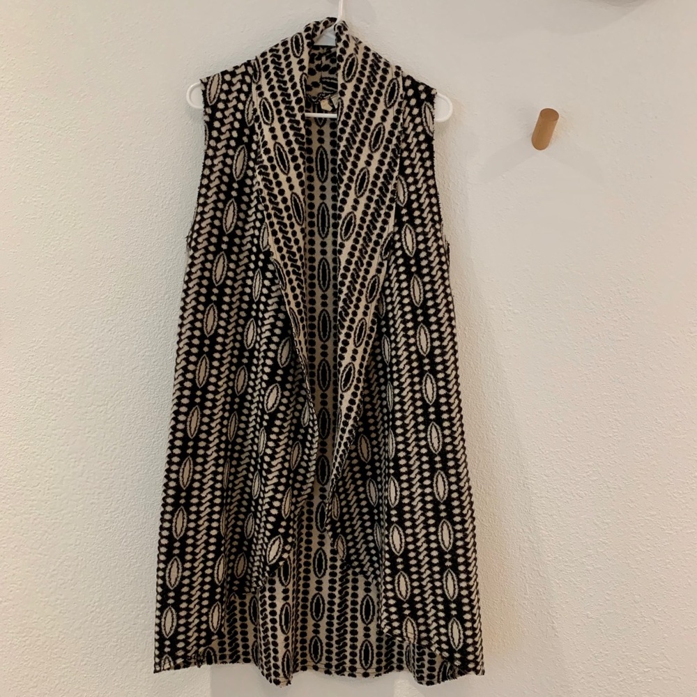 Anthropologie Black and Tan drape vest knee length